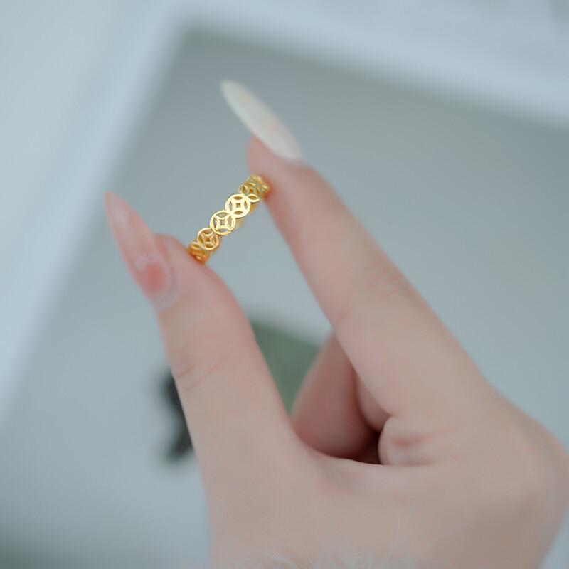 Gold-Plated Women's Smooth Surface Open Copper Coin Ring - Simulated Gold, Light Luxury, High-End Accessory