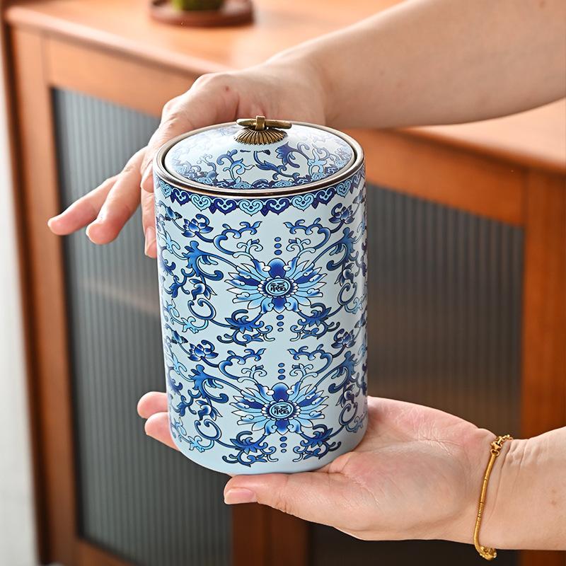Blue and White Porcelain Tea Canister Cylindrical Candy and Dry Fruit Sealed Box Household Ceramic Nut and Dessert Storage Jar