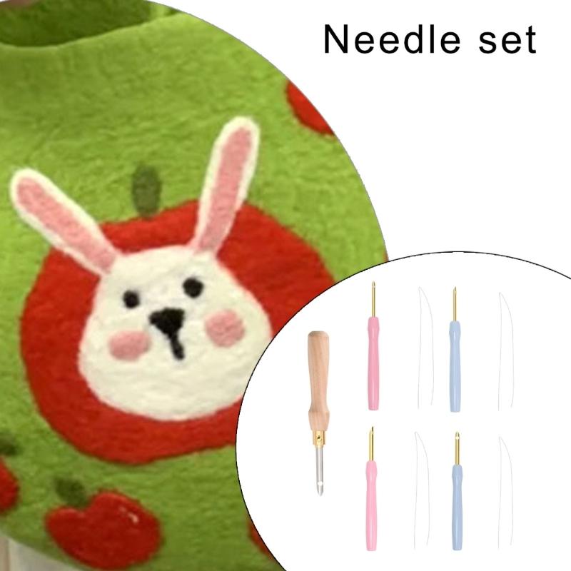 Beginner Punching Needle Tool Wood Handle Punching Needle Tool Embroidery Pen with Needle Threading Tool for Embroidery