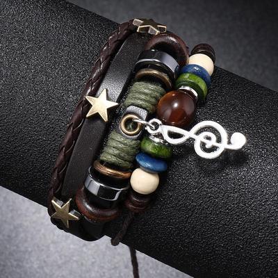 Bracelet Multicouche Perlé en Cuir Transfrontalier avec Pendentif Note de Musique pour Festivals de Musique