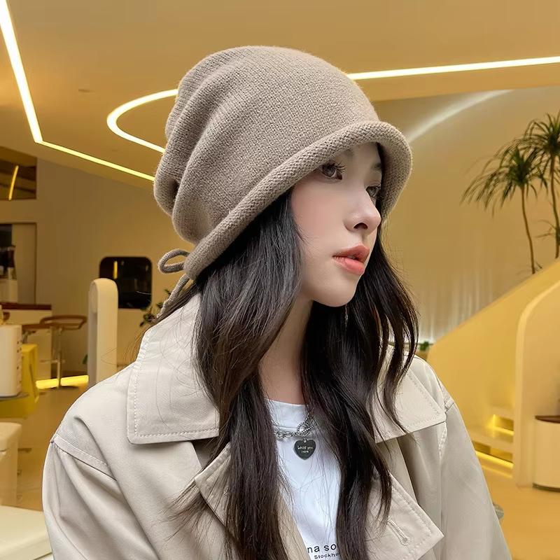 Drawstring Baggy Slouchy Beanie Bonnet For Women Autumn Winter Ear Keep Warm Skullies Cap Fashion Girl Kint Woolen Hat