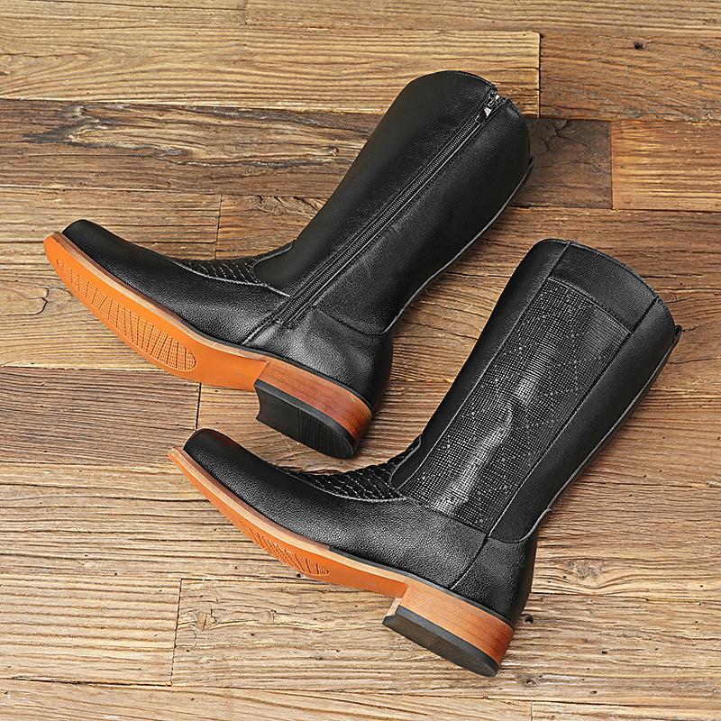 Męskie skórzane buty kowbojki na obcasie 4,5 cm Jesień Zima Zamek Błyskawiczny Modne Wygodne do połowy łydki Dżinsowe Westernowe Buty Jeździeckie dla Mężczyzn
