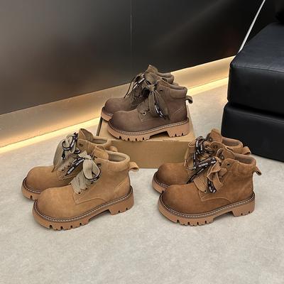 Cowhide Version~ British Style Leather Lace-up Platform Martin Boots Women's Desert Boots Versatile Round Head Rhubarb Boots Short Boots