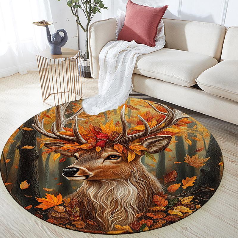 Autumnal Deer Round Area Rug,Carpet Rug for Living Room Bedroom Sofa Playroom Decor,Non-slip Floor Mat