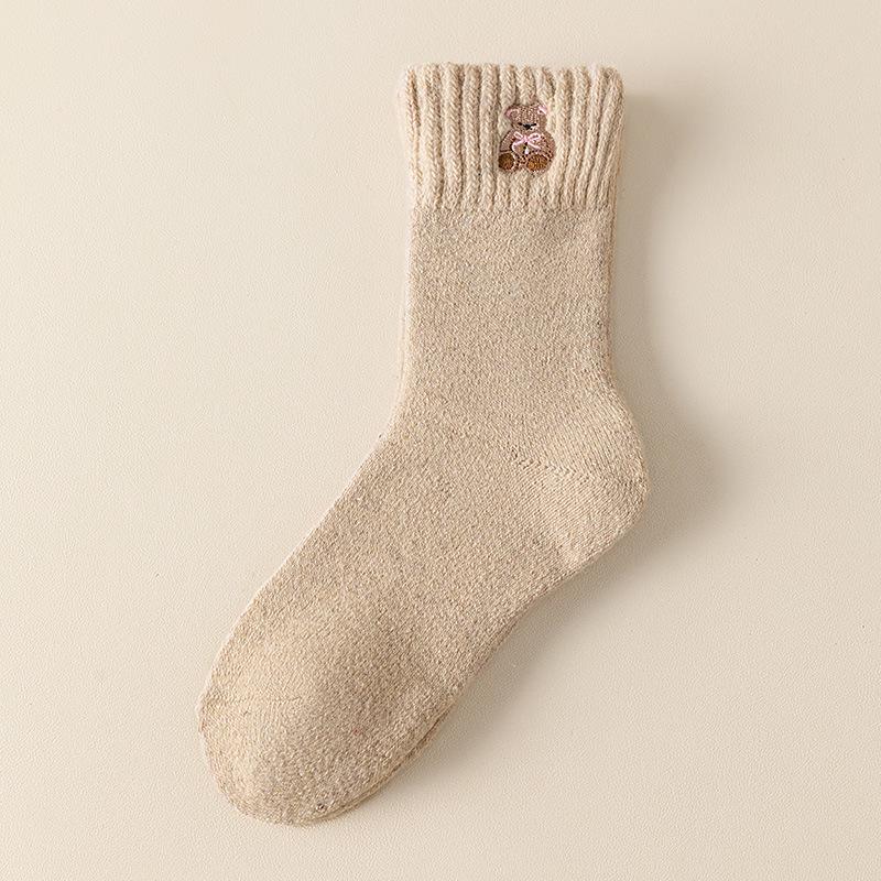 Women's Autumn/Winter Wool Socks - 25 Pairs, Mid-Calf, Cartoon Bear Embroidery, Thick Terry Loop, Warm & Cozy