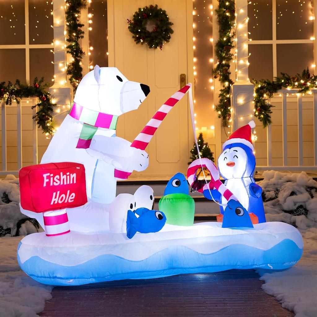 JOYFY 6 FT Long Christmas Inflatable Penguin & Polar Bear Decoration,Blow Up Yard Decoration for Christmas Party Decorations