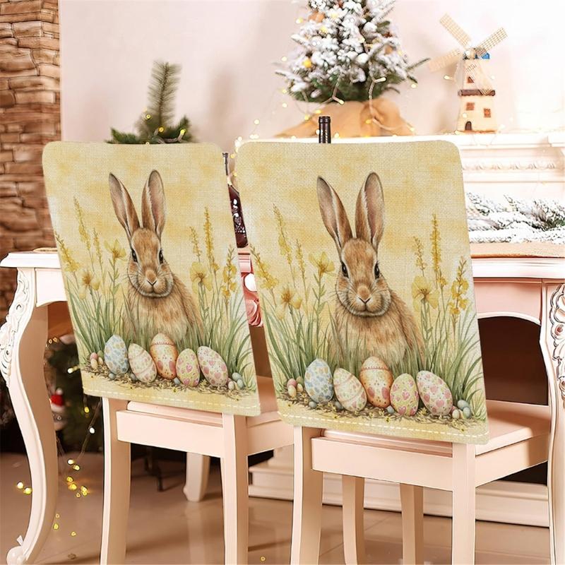 Holiday Inspire Easter Rabbits Print Plush Dining Chair Slipcover Dustproof for Home and Party Decoration