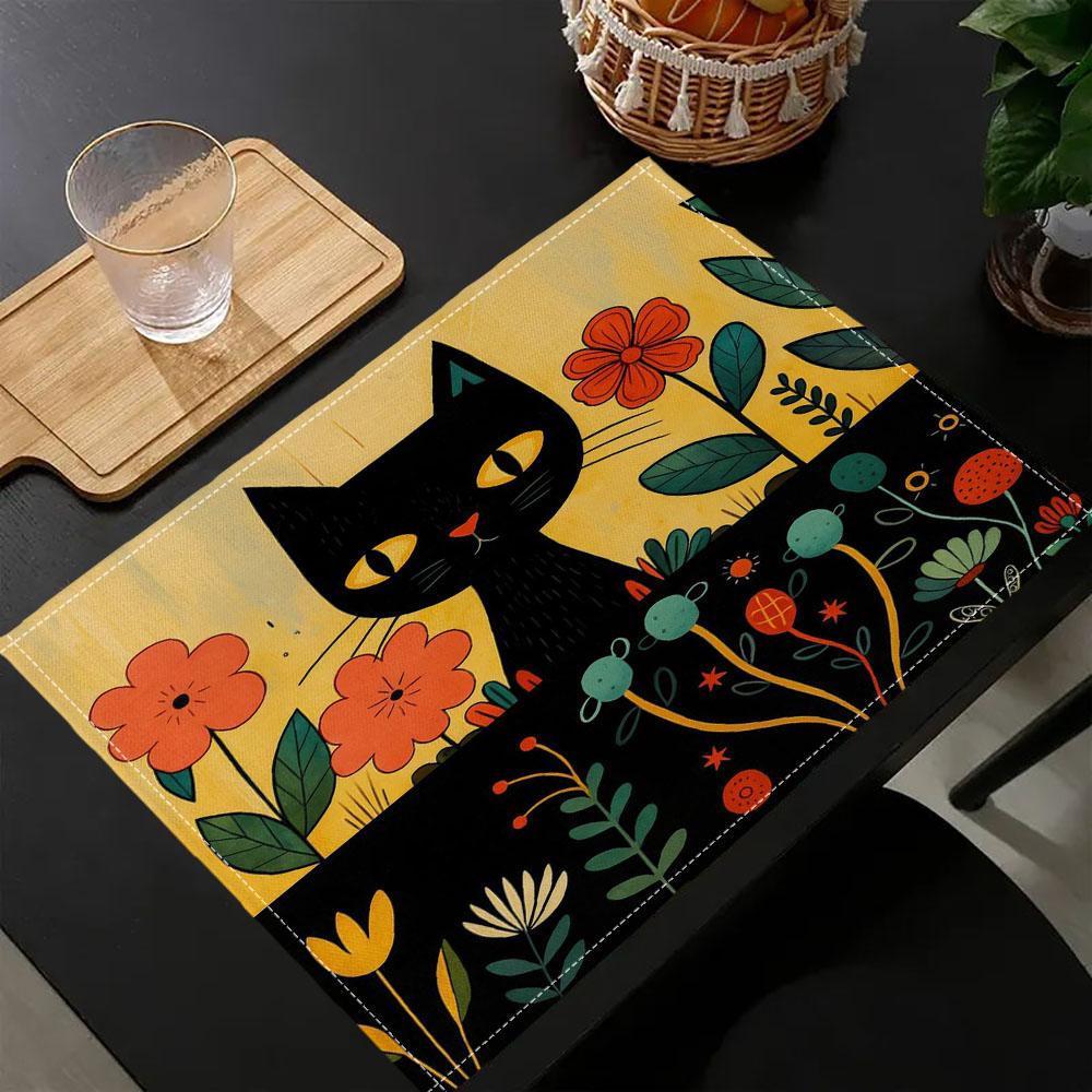4-Piece Black Cat & Floral Pattern Placemat, Heat-Resistant & Washable, 30x40cm, Home Dining Table Mat
