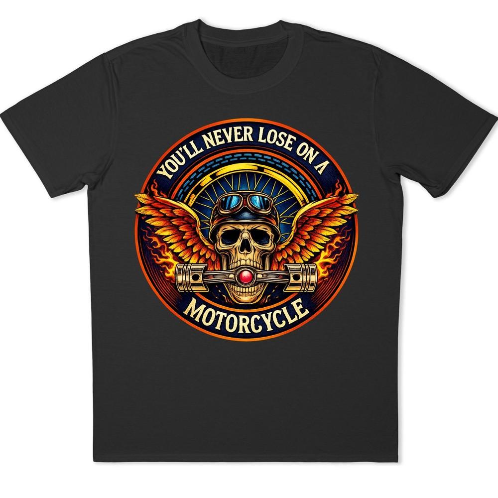 Winged Skull Motorcycle T-Shirt Biker Helmet Pistons Flames Gothic Graphic Tee