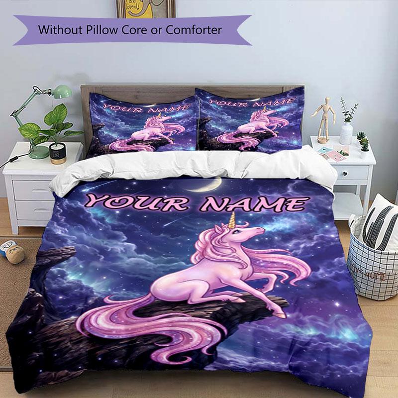 3pcs Custom Name Unicorn Dreams Sky Bedding Set Printed Bedding Set Duvet Cover Closure Includes 1 Duvet Cover & 2 Pillowcases Bedroom Decor