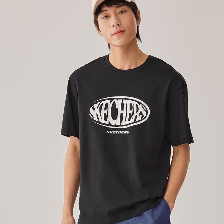 Skechers Fashion Round Neck Knitted Pullover Breathable Drop Shoulder Short Sleeve T-Shirt Unisex tops Carbon-Black L225U042-0018