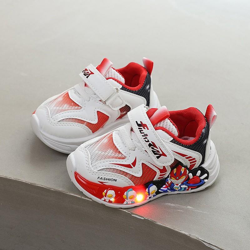 Kids Light-Up Cartoon Sneakers Boys Girls Breathable Mesh Upper Non-Slip PVC Sole Fall Outdoor Walking Shoes
