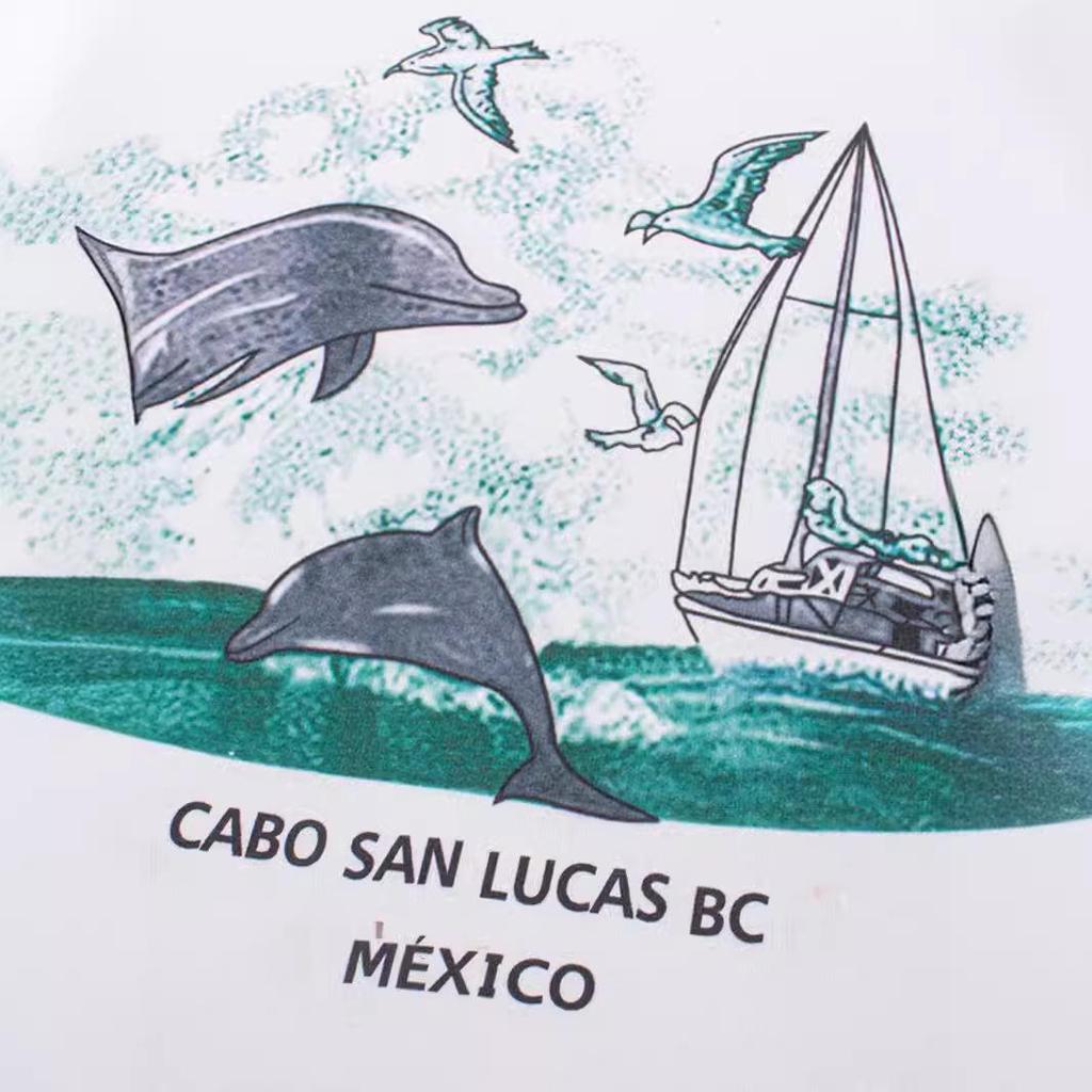 American Retro Dolphin Print Oversized Cotton T-shirt - Women's Trendy Straight Shoulder Short Sleeve