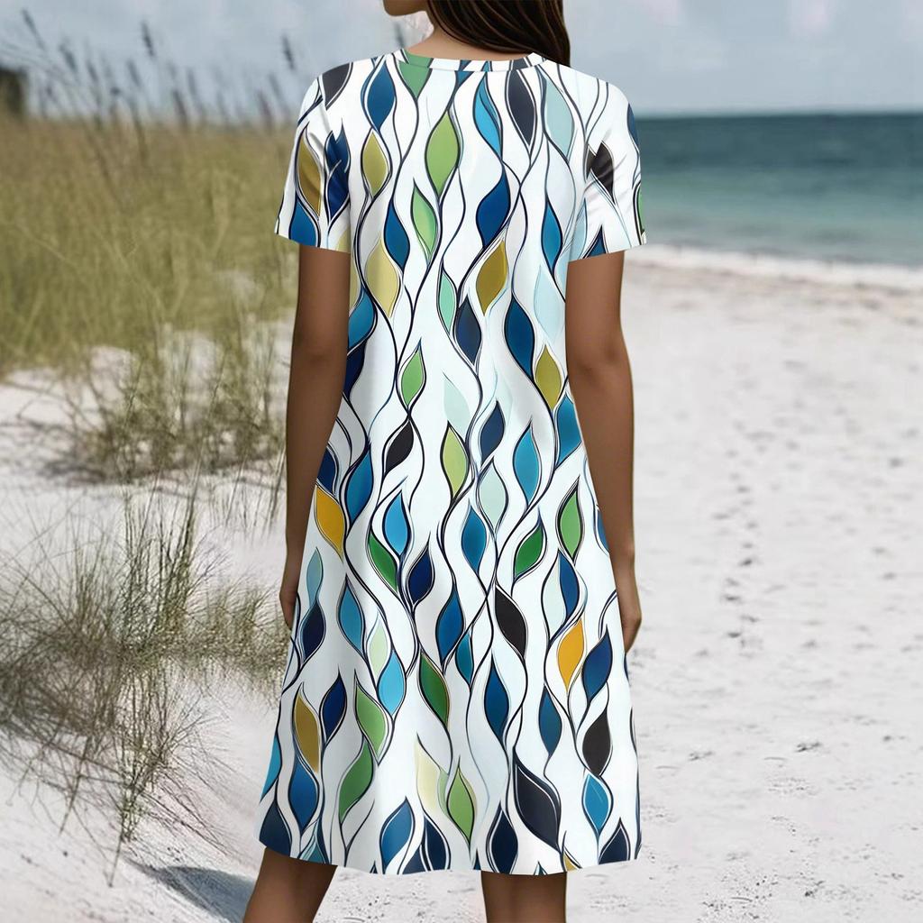 Kurzärmeliges Boho-Kleid für Damen, lässig, lockere Passform, Sommerkleid mit Print, Rundhalsausschnitt, mit Taschen
