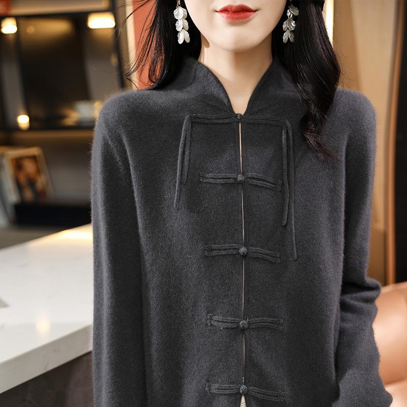 Cardigan de lână de sine stătător în stil chinezesc pentru femei Toamna și Iarna Top tricotat nou din cașmir Jachetă de lână cu nasturi retro versatilă
