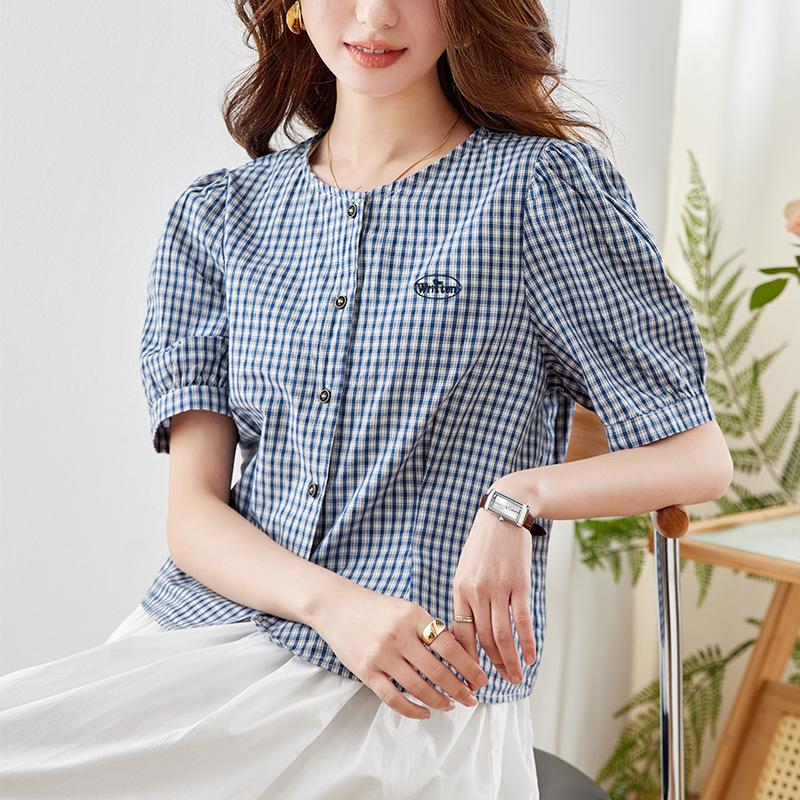 

Рубашка в клетку с круглым вырезом для женщин, летняя одежда с короткими рукавами, новая корейская повседневная свободная маленькая рубашка XXL