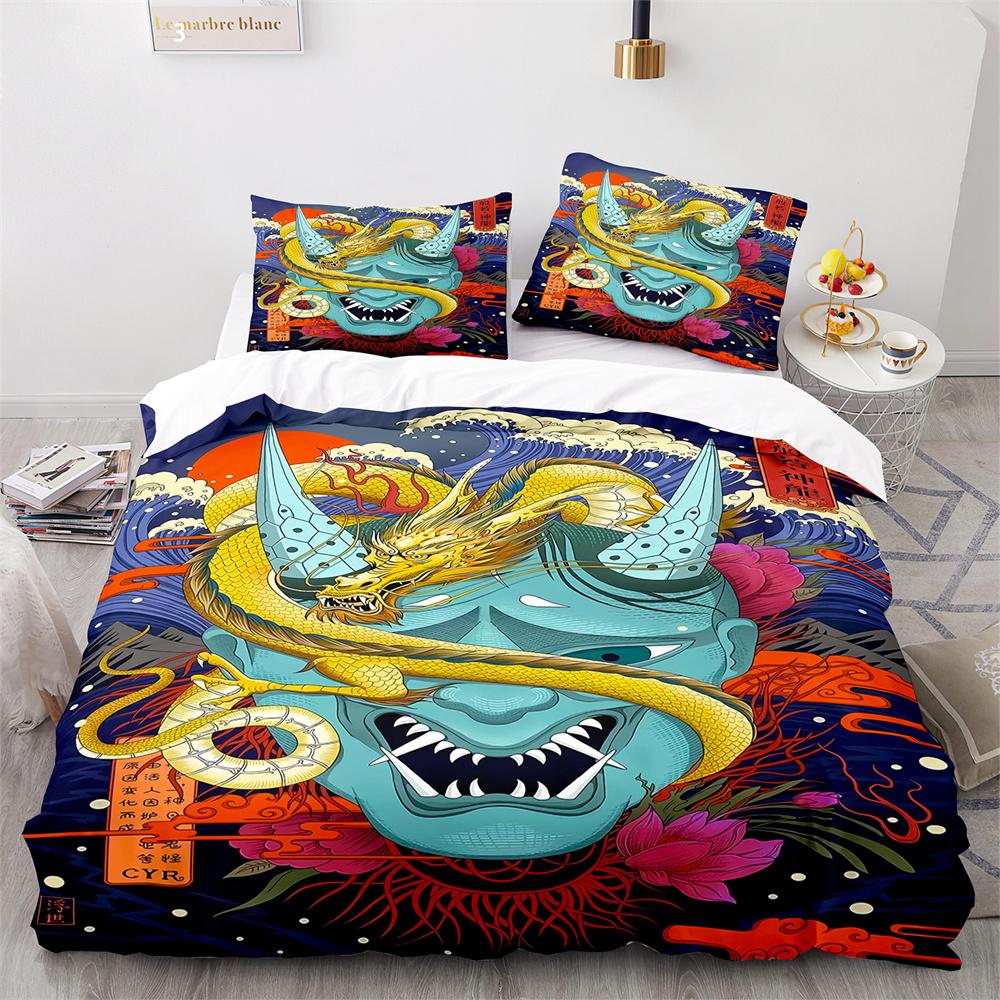 Japanese-Style Bedding Set Ukiyo-e Theme Comforter Cover Sea Wave Red Sun Pattern Decor Duvet Cover For Kids Teen King Full Size