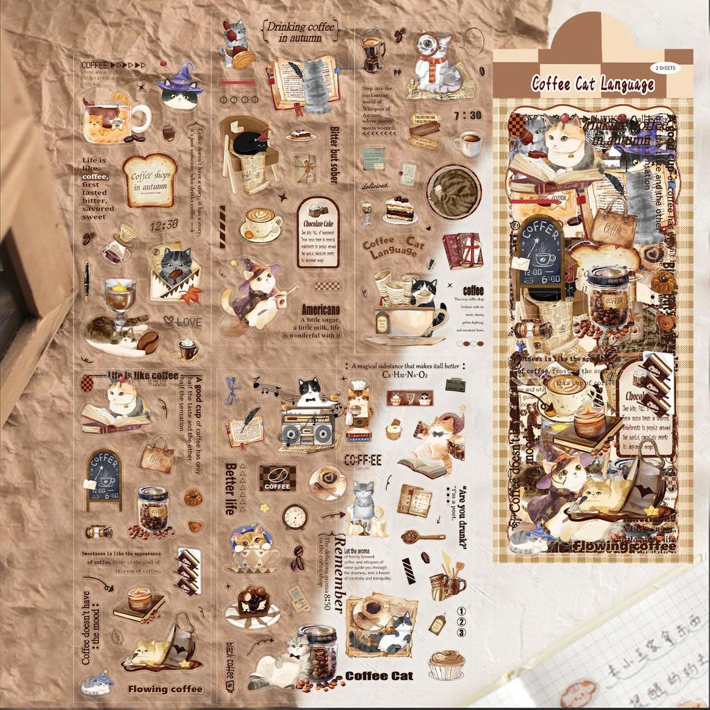 6 Transparent Ins Coffee Cat Language Sticker Pack Waterproof Transparent PET Hand Account Decorative Guitar Notebook