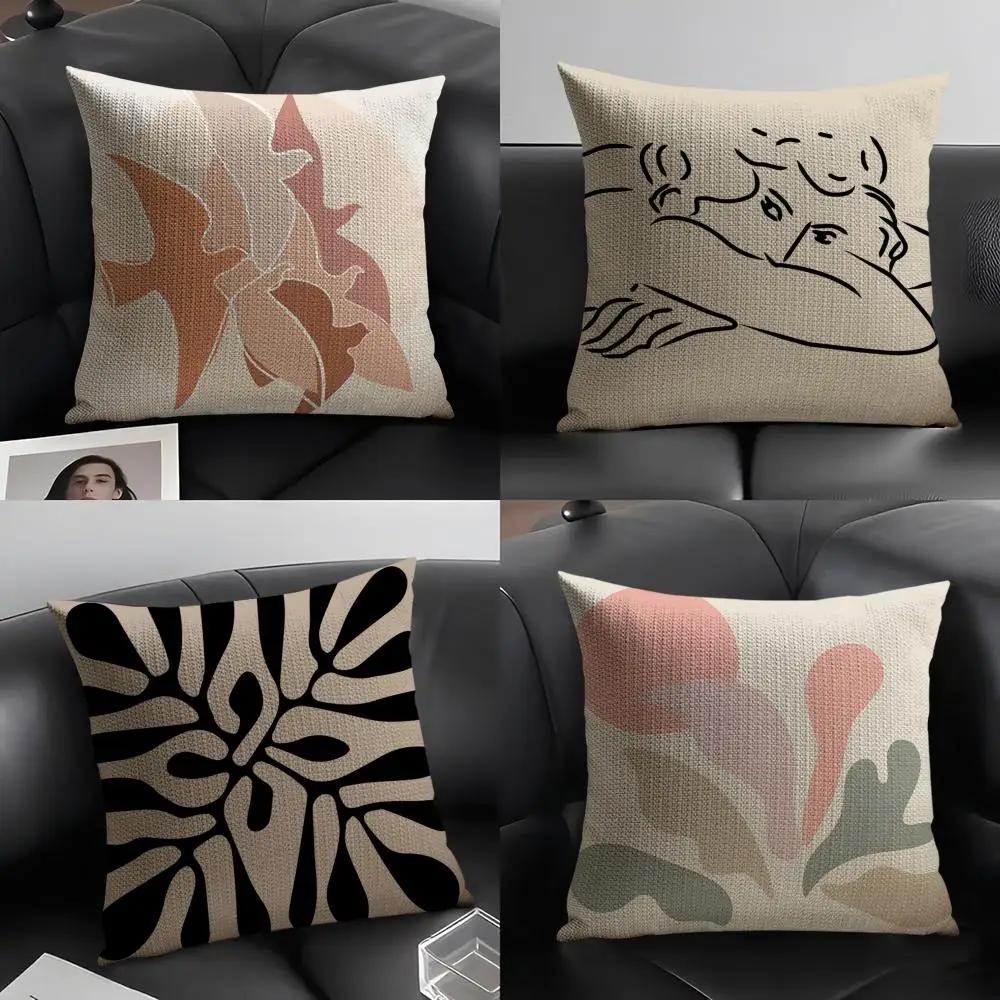 Lines Girl Coral Leaves Wall Art Painting Nordic Pillow Case Natural Linen Double-Sided Printing Sofa Home Decor Cushion Cover