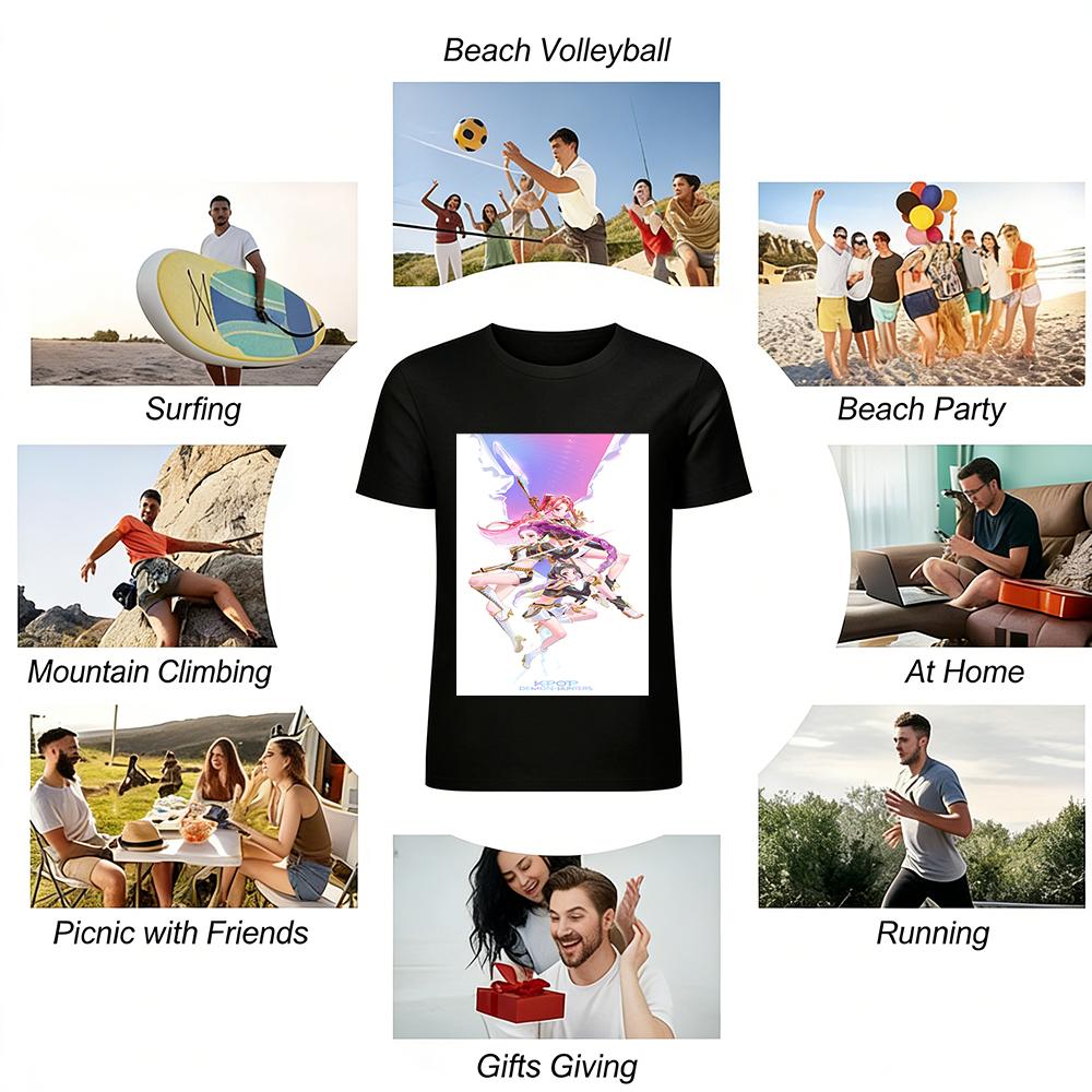 KPOP Dämonenjäger Anime Mädchen Print T-Shirt Lässiges lockeres Oberteil Für Männer Frauen Reines Baumwoll-T-Shirt