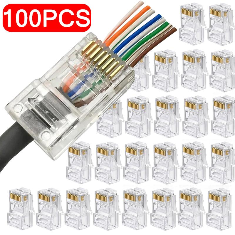 100 Stück/Los RJ45 CAT6 CAT5e Durchgangsstecker Kristallende Vergoldet 8P8C Crimp UTP Standard Ethernet Netzwerk Modularstecker