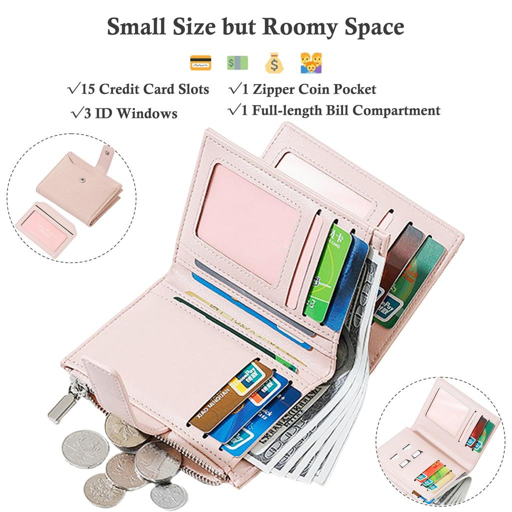 Bakurok Women's Small Wallet, Vegan Leather, Bifold, Compact, RFID Blocking, with Zipper Coin Pocket and Removable ID Window, F07-White, Modern Design