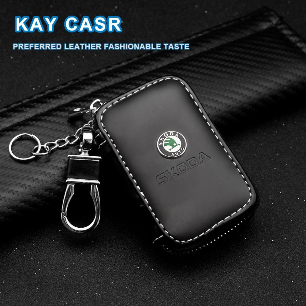 AEL1 1PCS Car Leather Key Case styling Keychain Genuine Leather  Car Logo Key Chain Bag Skoda Karoq Kamiq Fabia Yeti VRIS Octavia a5