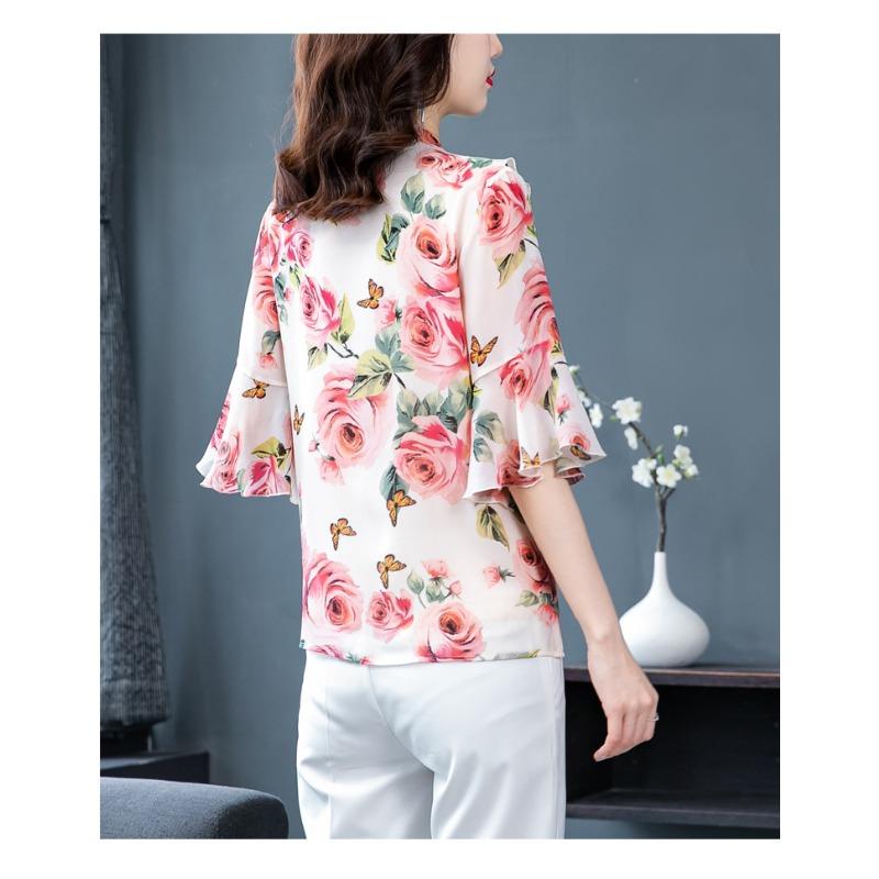YYFS Women's Fashion Casual Summer Spring Flower Pattern Print 1/2 Sleeves V-Neck Blouses & Shirts