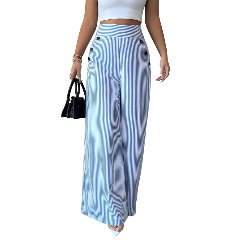 Flowy Pants for Women Casual High Waisted Wide Leg Palazzo Pants Long Trousers with Buttons and Pockets Plus Size
