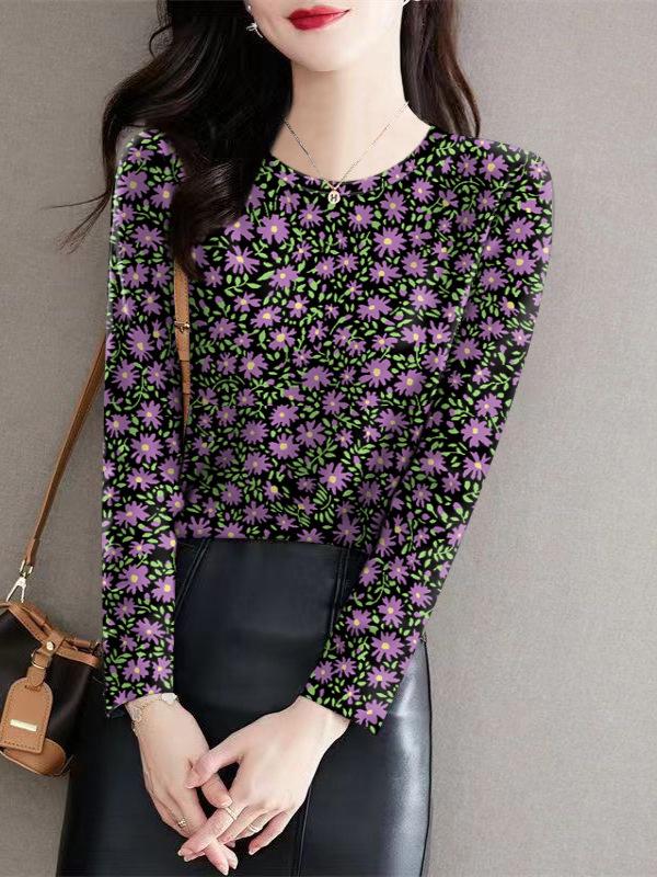 Women's Floral Long-Sleeve Milk Silk Top for Autumn/Winter, Ideal for Middle-Aged and Elderly.