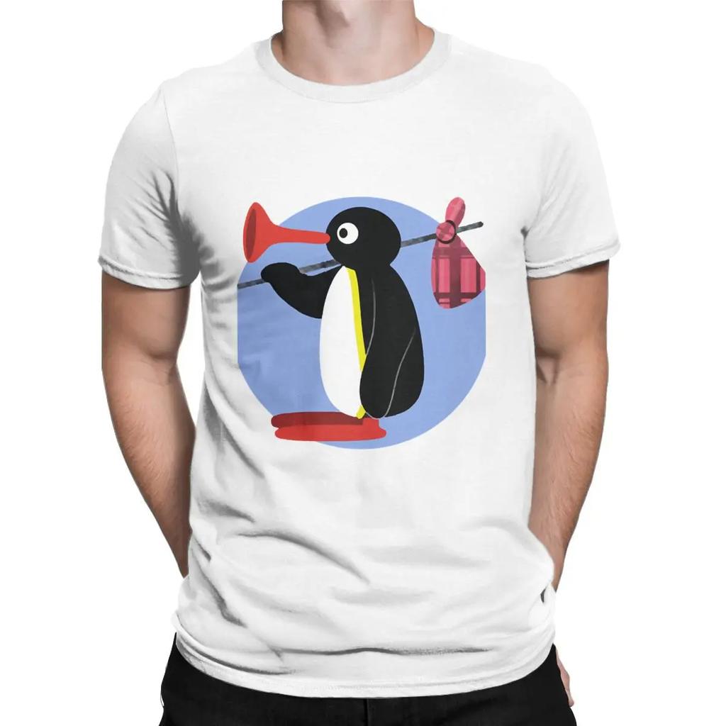 Unisexs Penguin Print TShirt Retro Cartoon Expression Pattern Sport Shirt Casual Roundneck Cotton Top Street Fashion