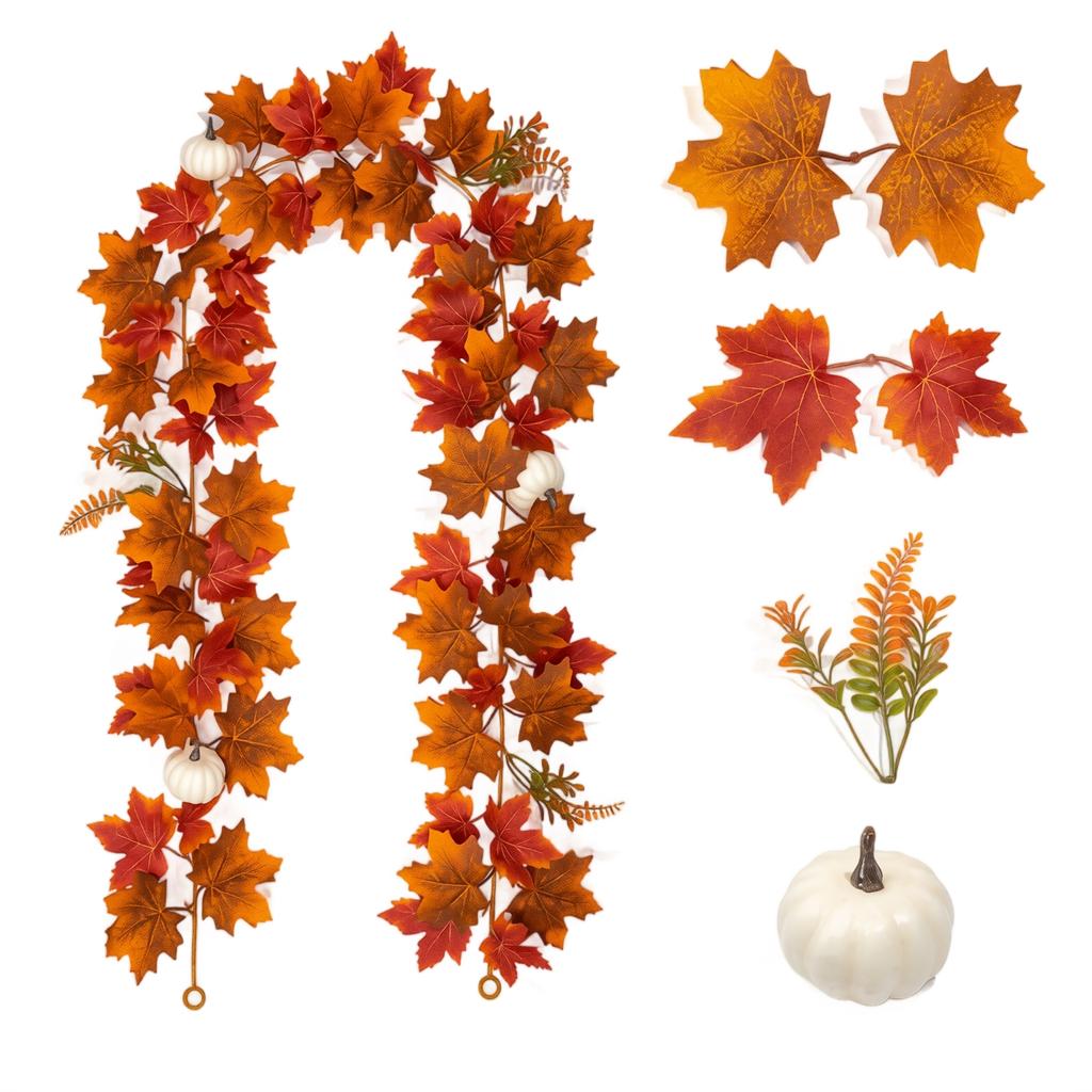 Artificial Maple Leaf Garland with Pumpkin and Fern for Autumn Indoor Outdoor Home Party Decoration