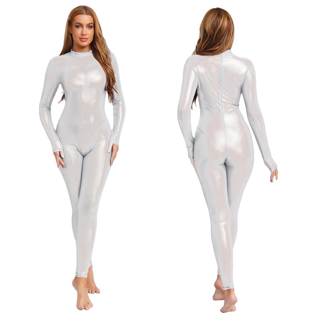 Womens Metallic Shiny Full Body Unitard Long Sleeve Long Pants Back Zipper Catsuit Bodysuit Leggings Tights Sheer Jumpsuit Clubwear Nightwear