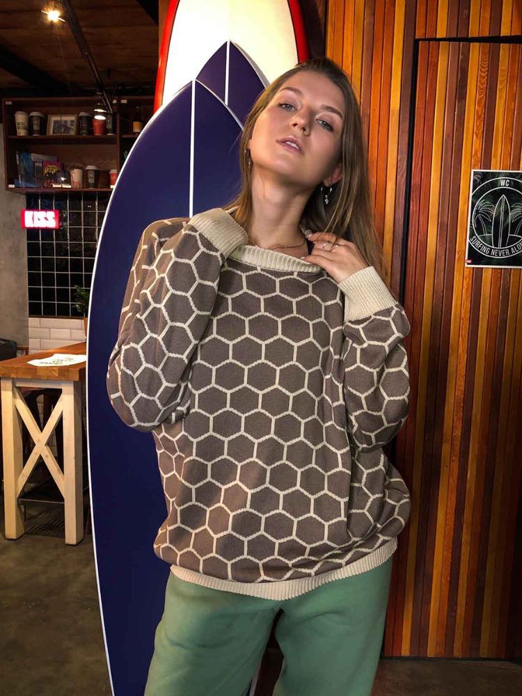 Autumn Winter Honeycomb Print Sweater Women's Round Neck Loose Temperament Versatile Comfortable Long-sleeved Knit Top