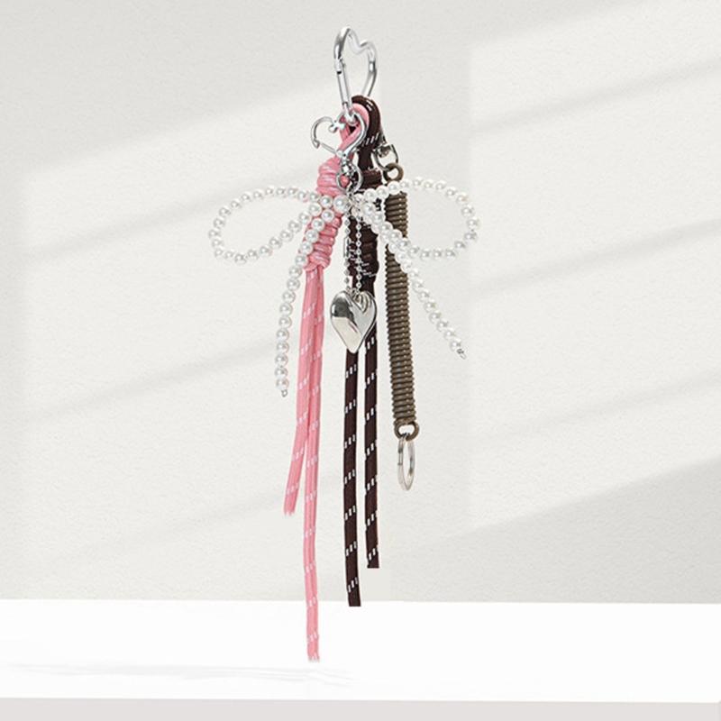Pearls Bowknot Keychain with Woven Lanyard Colorful Keyring Accessory Fashionable Bag Charm for Women and Girls