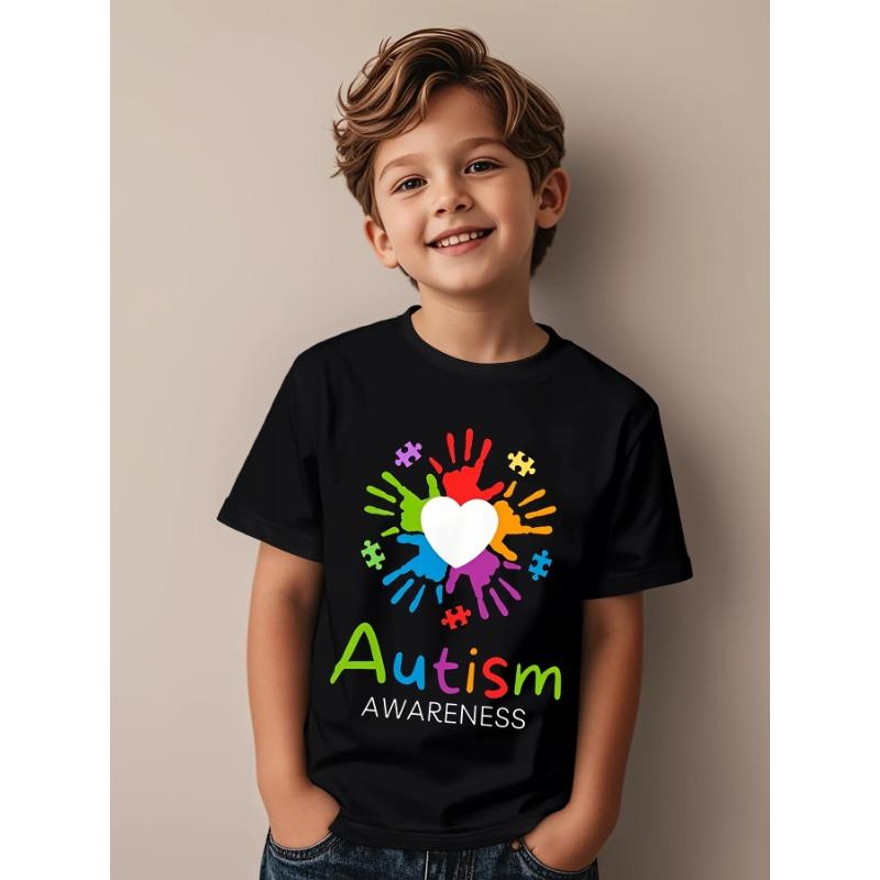 European Size Childrens Autism Awareness T Shirt Suitable for Boys and Girls Puzzle Pieces and Rainbow Handprint Design Short Sleeved Casual Shirt