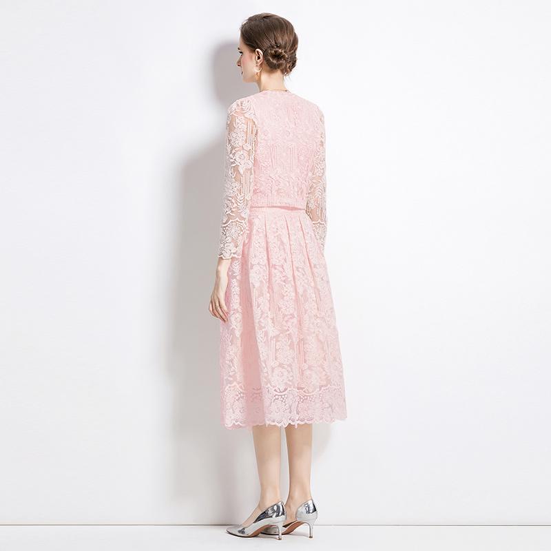 Female Floral Embroidery Two Piece Set Women Suit Elegant OL Long Sleeve Shirt Midi Skirts 2 Piece Outfit