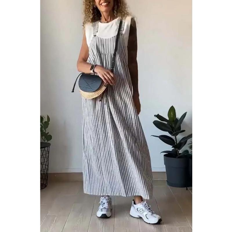 

Женское летнее модное полосатое платье на подтяжках S серый