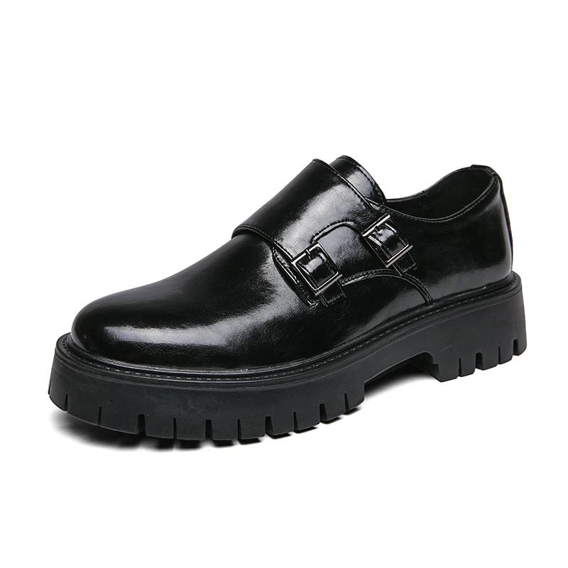 Nuove Scarpe da Uomo Punta Tonda Pelle PU Nera Doppia Fibbia Piattaforma Maschili Scarpe Eleganti Tacco Chunky Vintage Scarpe da Festa Scarpe Formali da Uomo