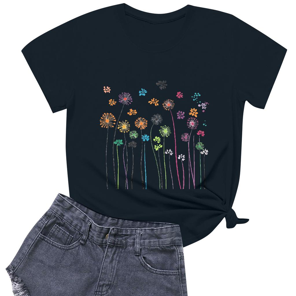 Women's Fashion Casual Printed Short Sleeve Round Neck Pullover Tops