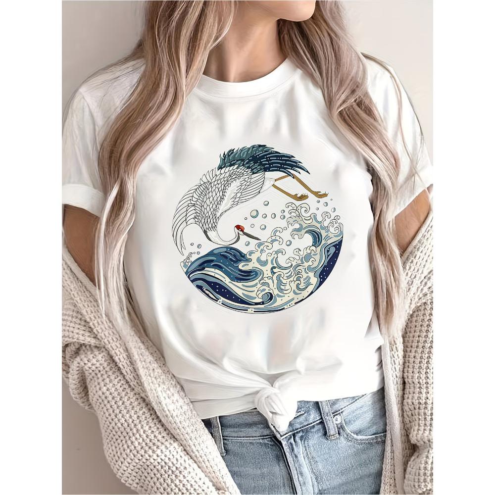 Women Crane Great Wave Graphic T-Shirt Summer Short Sleeve Animal Print Loose Fit Tops Female Casual Fashion Streetwear Art Tee