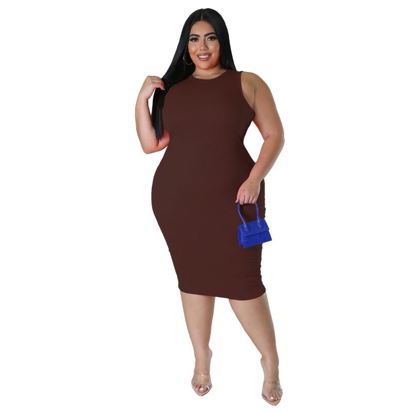 Plus Size Orange Ribbed Sleeveless Round Neck Bodycon Midi Dress