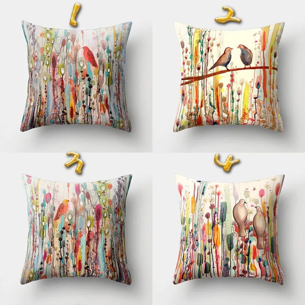 45x45cm Vintage Flower Pillow Case Decor Blue Painting Flower Bird Pillowcase Polyester Cushion Cover for Sofa Car Home