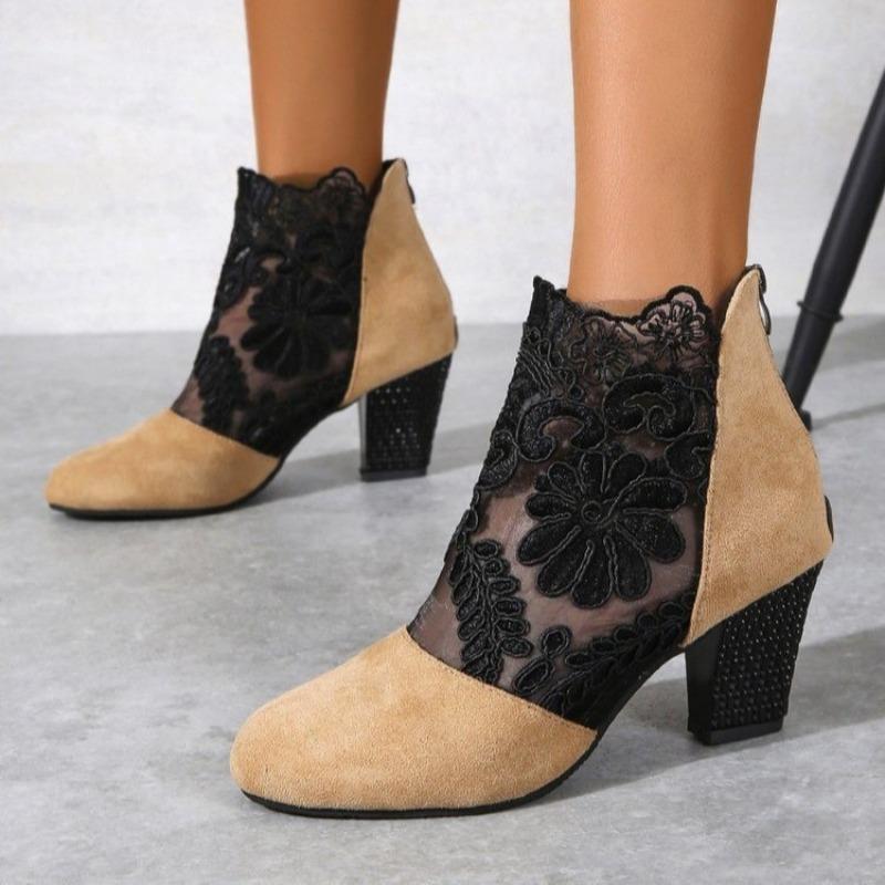 Amazon Large Size Mesh High Heel Women's Sandals European and American Fashion Lace Round Toe Women's Block Heel Single Shoes