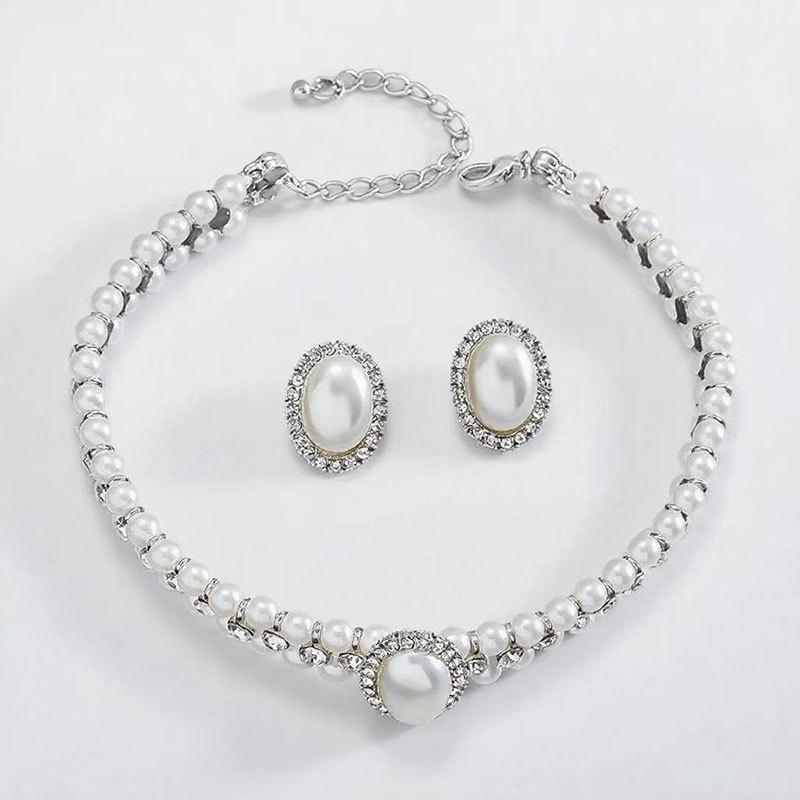Hepburn Vintage Baroque Oval Pearl Diamond Double Necklace Bracelet Earrings Set Cheongsam Dress Accessories