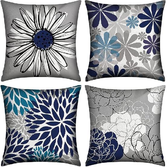 Light Blue Pillow Covers 18x18 Set of 4, Decorative Couch Throw Pillow Cover for Geometric Sofa,Linen Cushion Case Outdoor Home Decoration