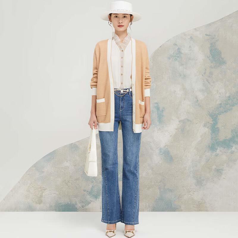 JESSIE Women's Simple V-Neck Contrasting Placket Knit Cardigan