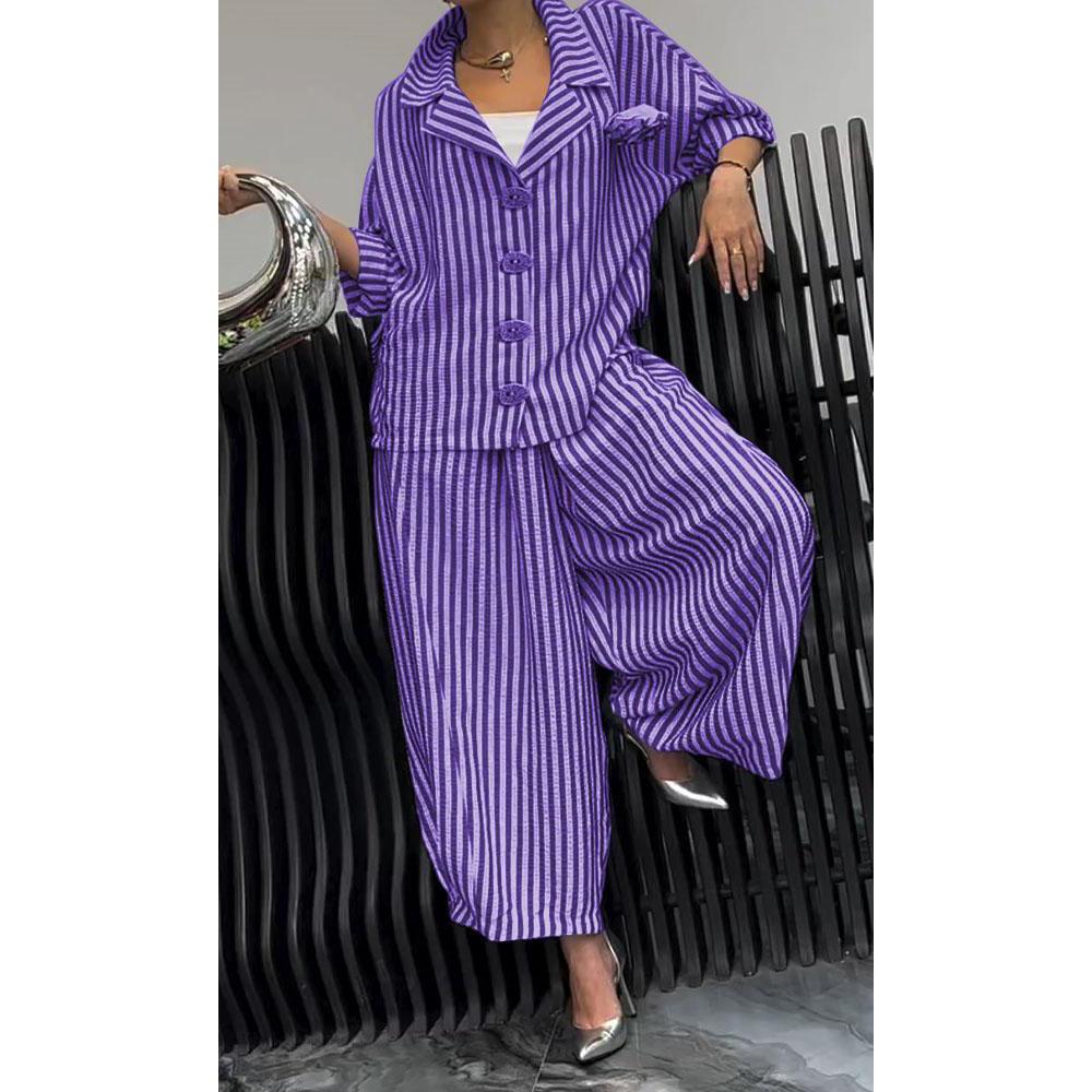 Spring Fall Women's 2 Piece Set Suit Office Lady Floral Striped Loose Blazer Casual Wide Leg Pants Suits for Women Clothing
