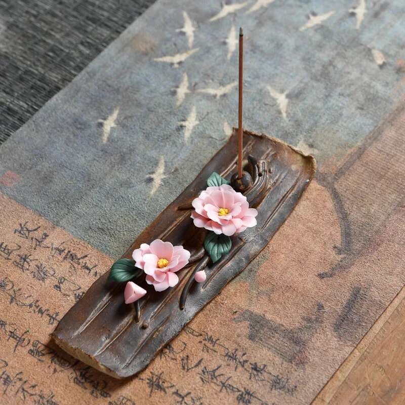 Ceramic Censer Handicrafts Peach Blossom Home Ornaments Peony Incense Stick Burner Holder