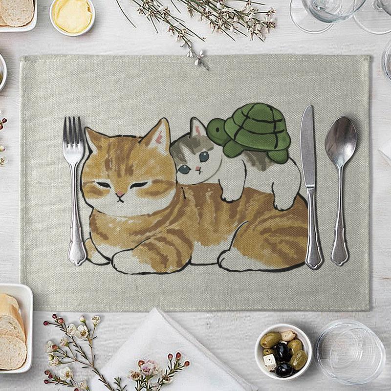 1 Pcs Dining Table Mats Cute Funny Cat Pattern Kitchen Placemat Drink Coasters Western Pad Cotton Linen Cup Mat Table Dining